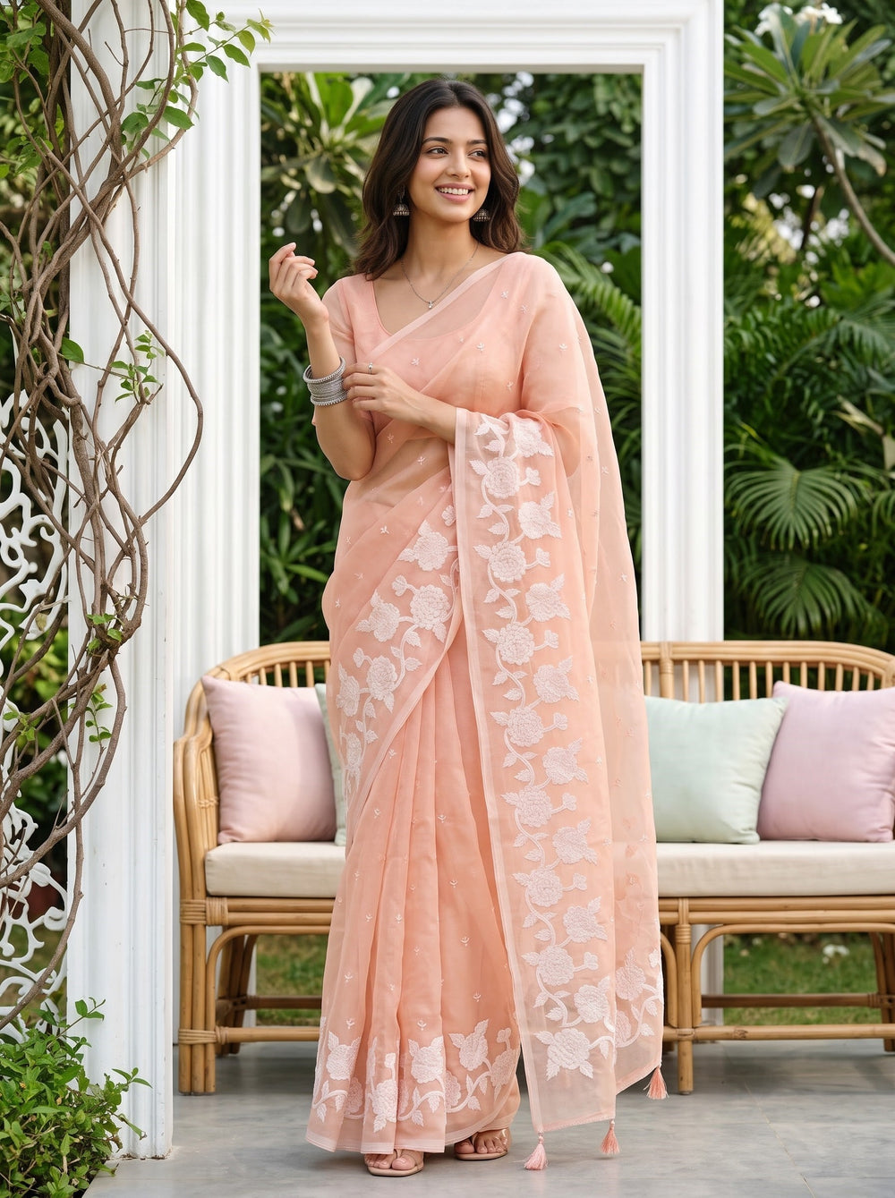 Organza Peach Pink Self-Tone Rose Vine Embroidery Border