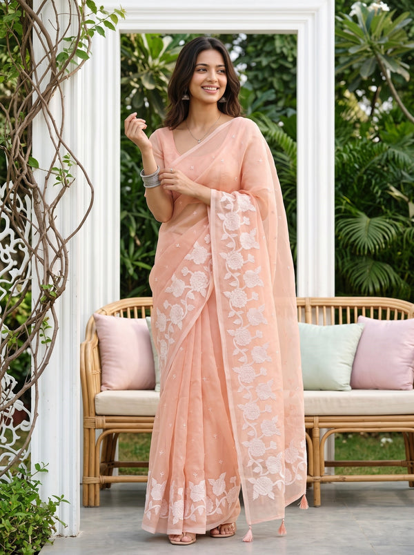 Organza Peach Pink Self-Tone Rose Vine Embroidery Border