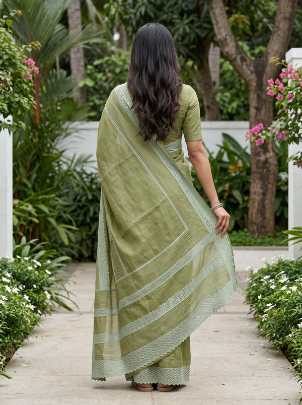 Cotton Linen Olive Green Saree with Lace Border and Striped Woven Detailing