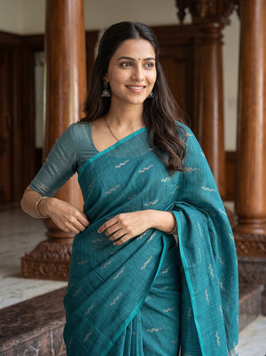Semi Silk Teal Green Calla Lily Botanical Print Saree with Tassels