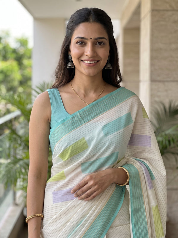 Synthetic White Color Block Saree with Mint Green Border and Tassels