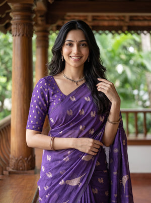 Cotton Silk Purple Saree with Golden Bird Motif Pallu