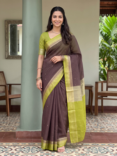 Semi Chanderi Silk Maroon Checkered Gold Zari Border Saree