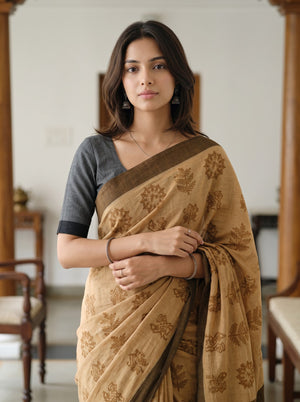 Cotton Grey Mustard Batik Print Pinstripe Border Tasseled Saree