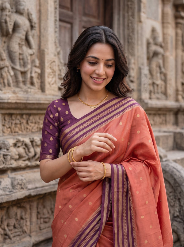 Semi Silk Rust Contrast Purple Zari Border Saree