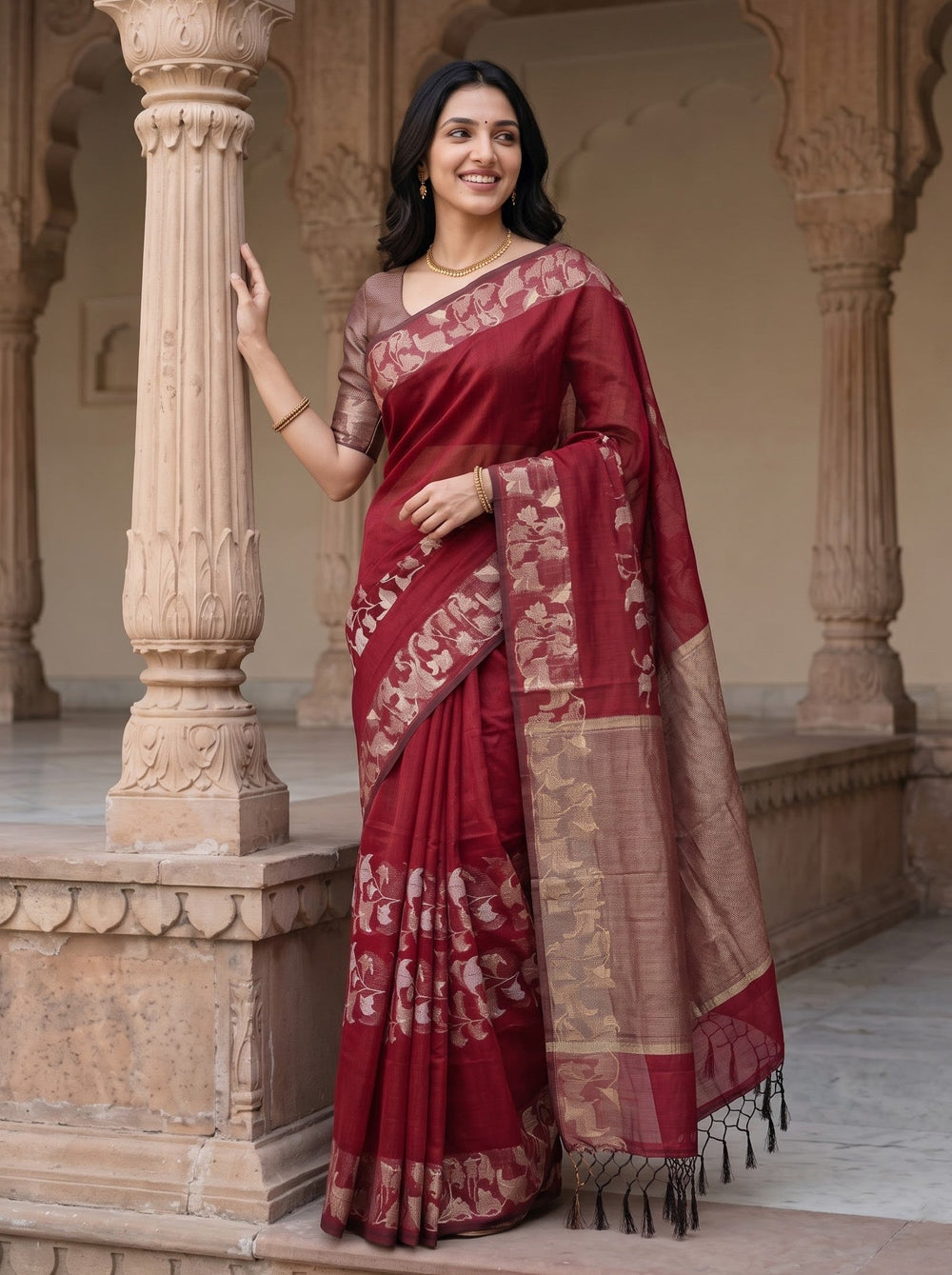 Matka Silk Red and Zari Floral Border Saree