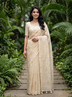 Mul Chanderi Beige Saree with Embroidered Lotus Vine Print