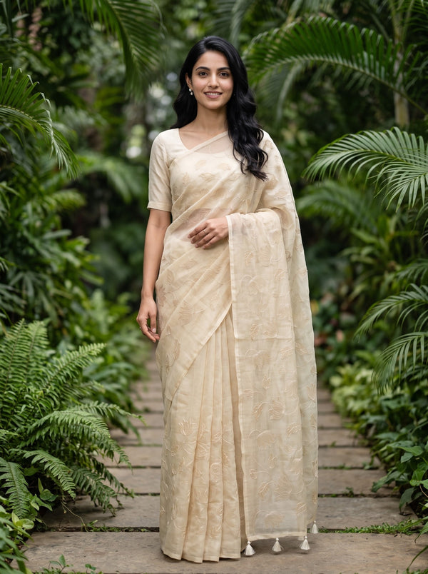 Mul Chanderi Beige Saree with Embroidered Lotus Vine Print