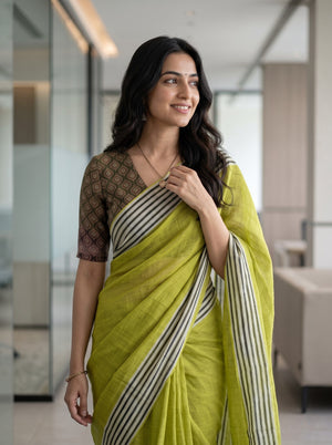 Cotton Saree in Lime Green with Contrasting Monochrome Pinstripe Trim