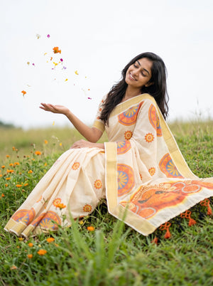 Cotton Cream  Mandala Print with Theyyam Motif Border Set Saree