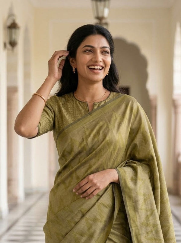 Matka Silk Olive Golden Zigzag Weave Saree with Tassels