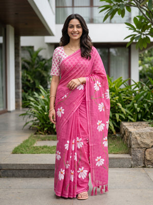 Cotton Magenta Saree with White Daisy Vine Print