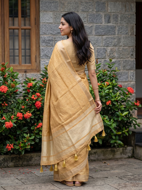 Linen Mustard Yellow Woven Texture Saree with Golden Striped Border and Tassels