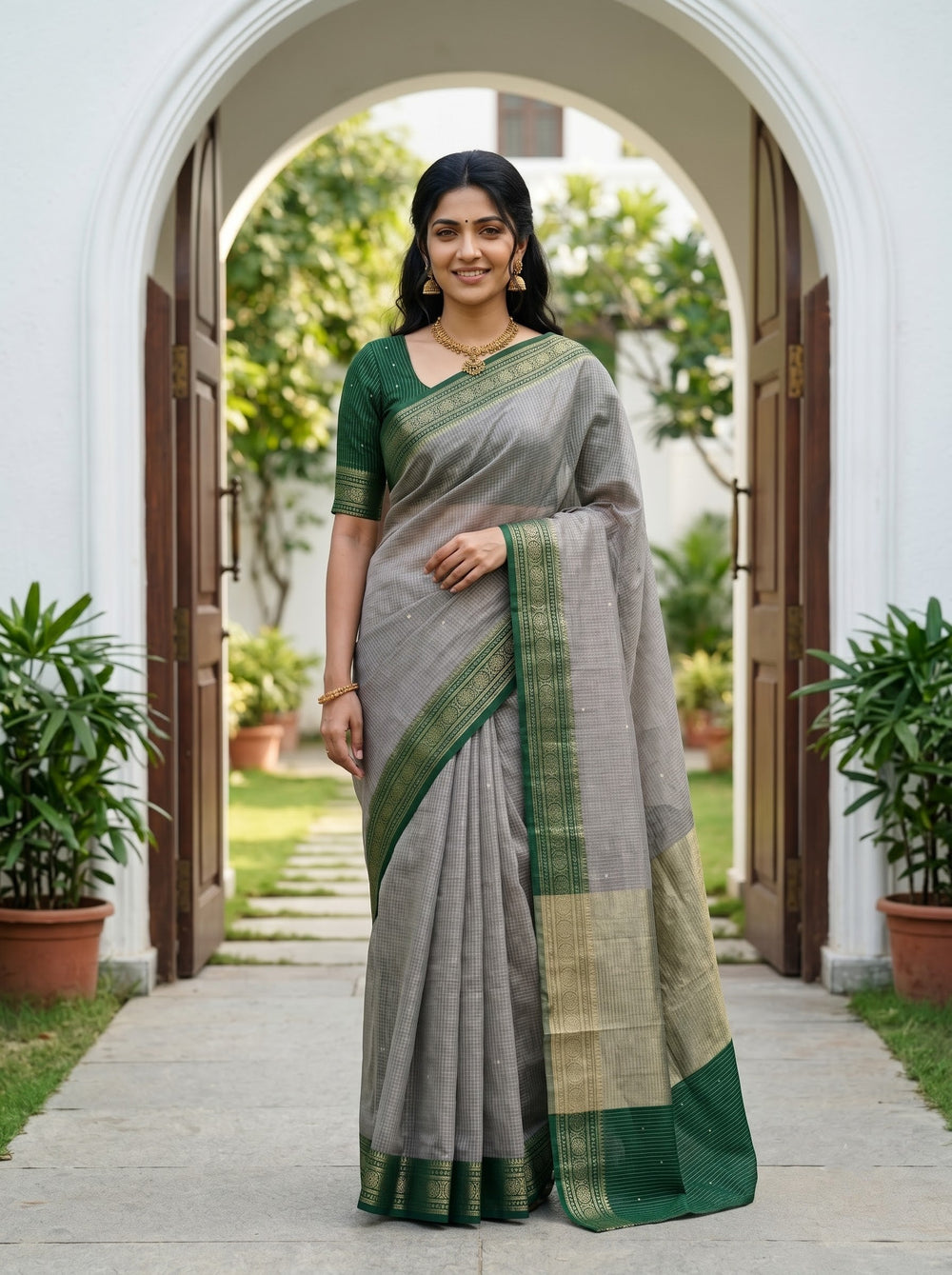 Semi Chanderi Grey Saree with Bottle Green Zari Striped Pallu