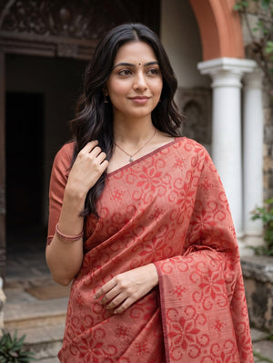 Matka Silk Red Golden Zari Floral Motif Striped Pallu