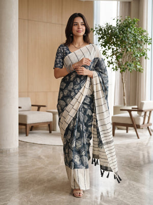 Cotton Cream and Blue Saree Pinstripe Body with Kathakali Dancer Print Pallu