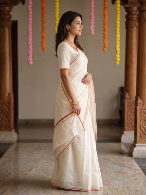 Cotton Cream Off-White Thin Orange Line Border Onam Kerala Saree
