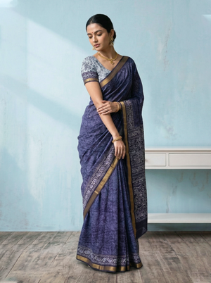 Soft Cotton Navy Blue Batik Print Saree with Zari Floral Border