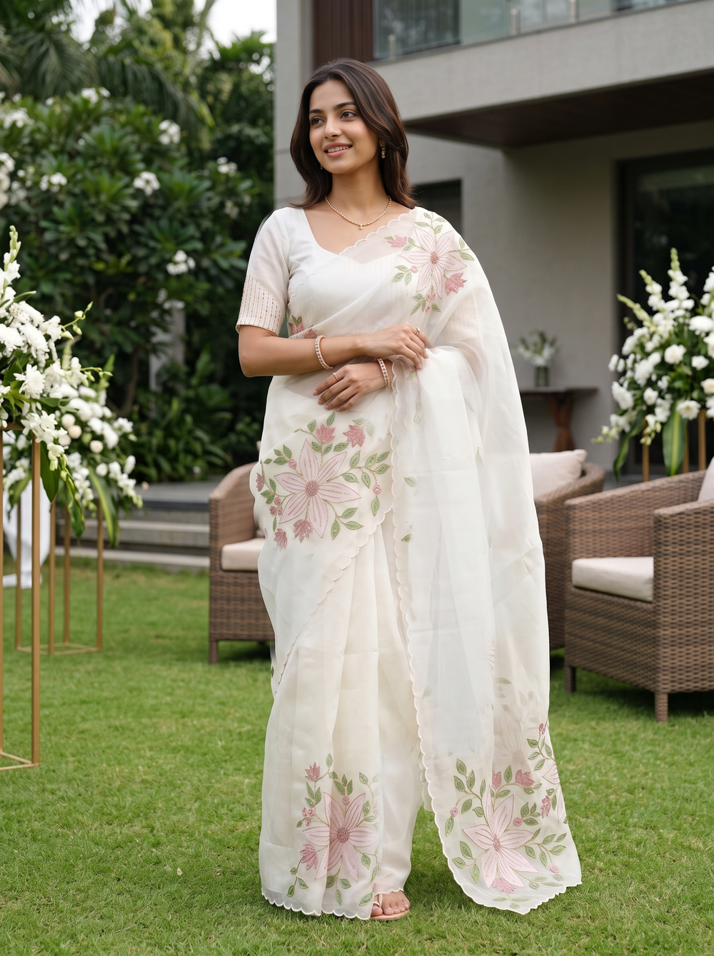 Organza Off-White Beaded Lily Floral Embroidered Saree