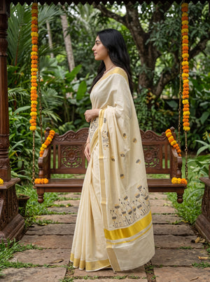 Tissue Cream Black Gold Motif  Onam Special Kerala Saree with Golden Border