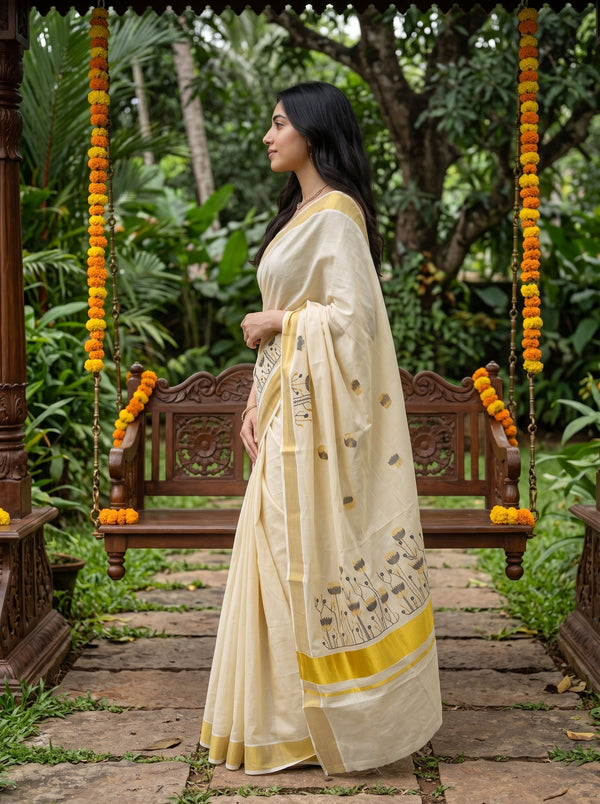 Tissue Cream Black Gold Motif  Onam Special Kerala Saree with Golden Border
