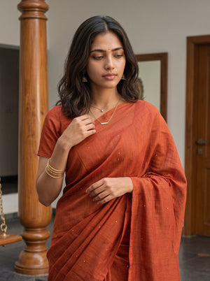 Tusser Silk Rust Orange Paisley Floral Embroidered Saree with Tassels