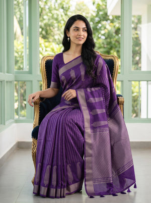 Semi Tussar Silk Purple Silver Zari Feather Motif Saree