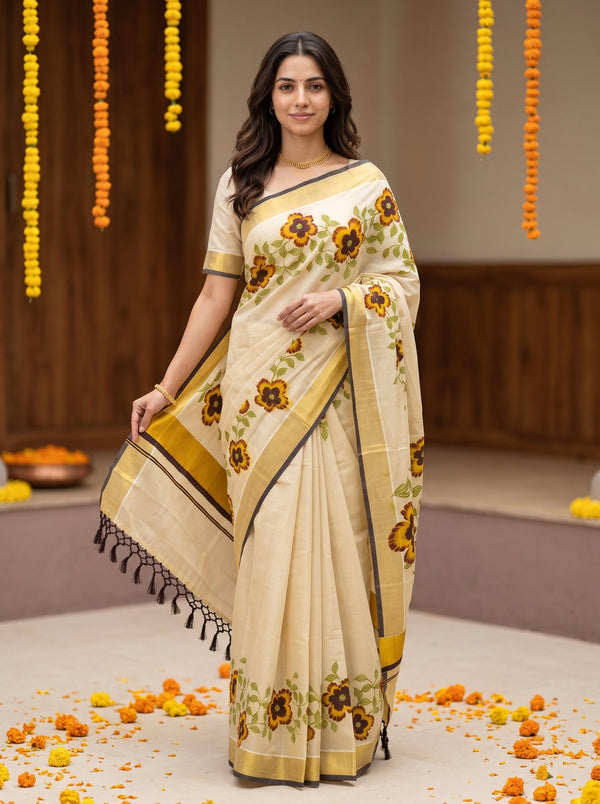 A woman wearing a cream-colored saree with yellow and orange floral motifs and black borders, standing in an indoor setting decorated with marigold garlands and flower petals on the floor.