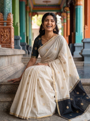 Cotton Silver Grey Black Golden Coin Motif Saree