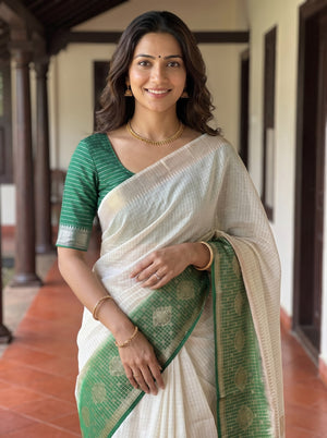 Semi Chanderi Off White Green Shaded Border Zari Medallion Saree