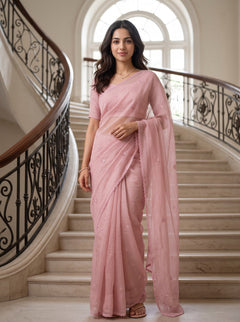 Organza Light Pink Floral Embroidered Saree