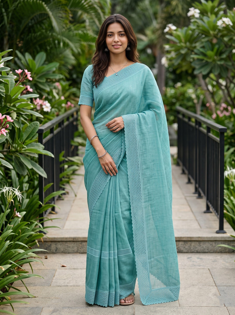 Cotton Linen Teal Saree with Woven Stripe Details and Intricate Lace Border