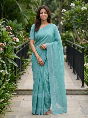Cotton Linen Teal Saree with Woven Stripe Details and Intricate Lace Border