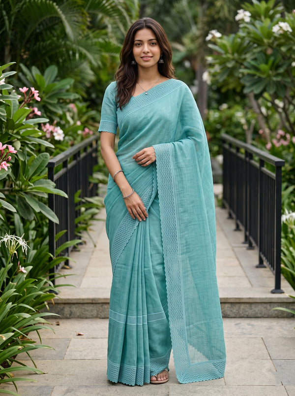 Cotton Linen Teal Saree with Woven Stripe Details and Intricate Lace Border