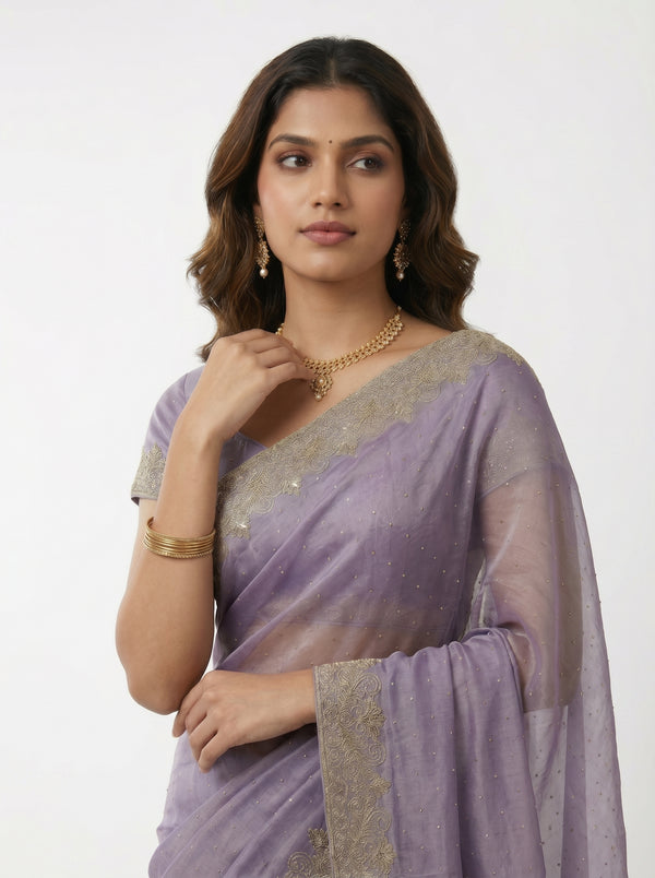 Shimmer Organza Lavender Purple Stone Studded Saree with Zari Embroidered Border