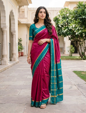 Pure Mysore Silk Rani Pink Saree with Contrast Teal Pallu and Zari Mango Border