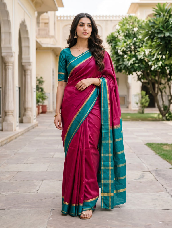 Pure Mysore Silk Rani Pink Saree with Contrast Teal Pallu and Zari Mango Border