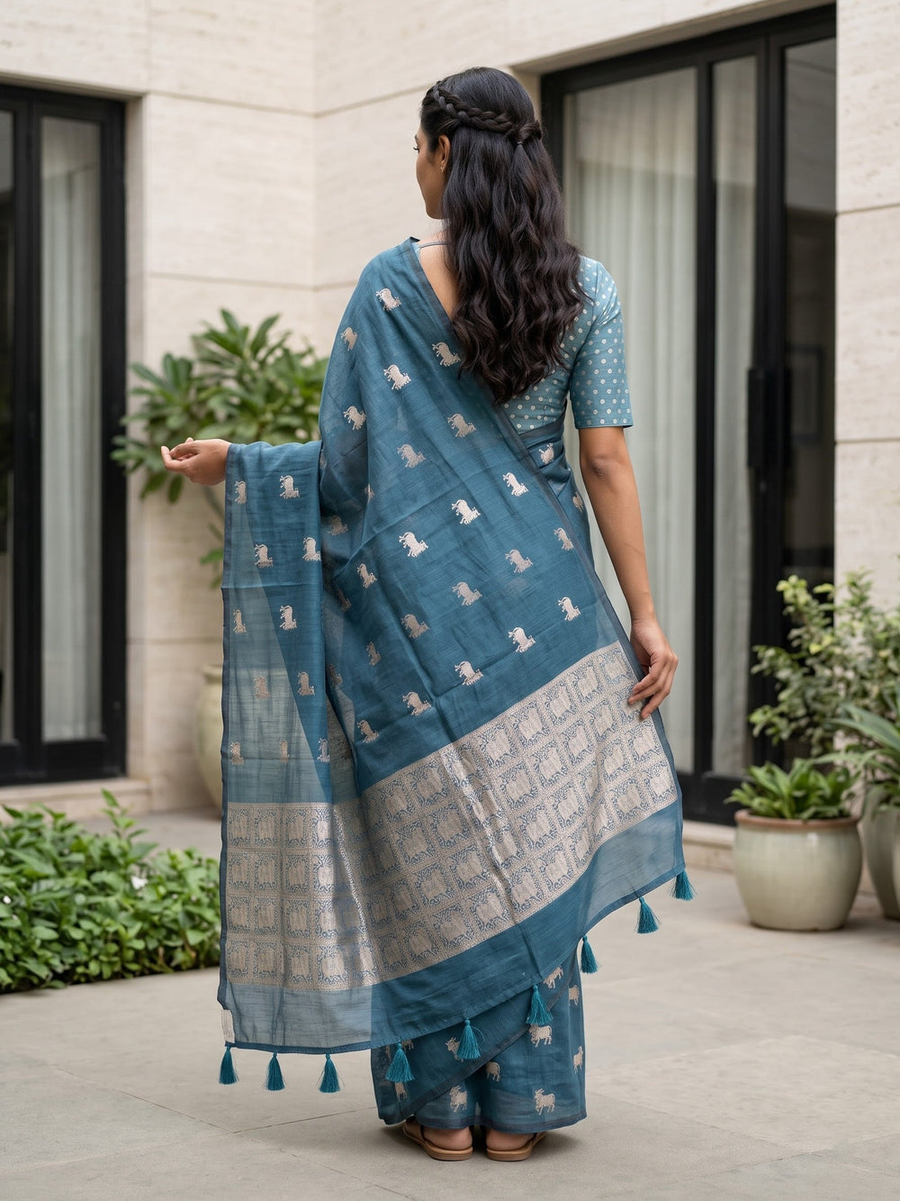 Cotton Silk Teal Blue Saree with animal Motif Mural Pallu