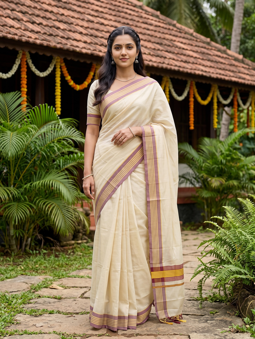 Tissue Cream Golden Striped Border Onam Special Kerala Saree with Tassels