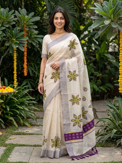 Cotton Cream Green Floral Print Purple Geometric Border Onam Special Kerala Saree