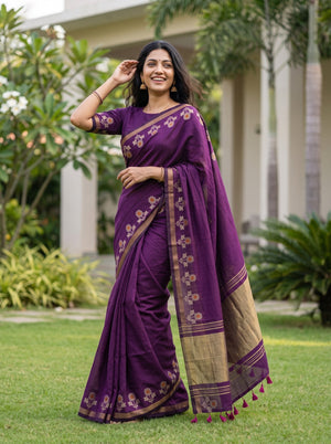 Cotton Deep Purple Saree with Gold Striped Border and Floral Butta Side Border