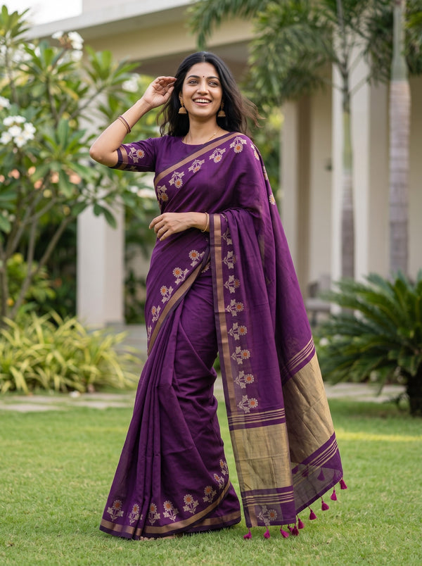 Cotton Deep Purple Saree with Gold Striped Border and Floral Butta Side Border
