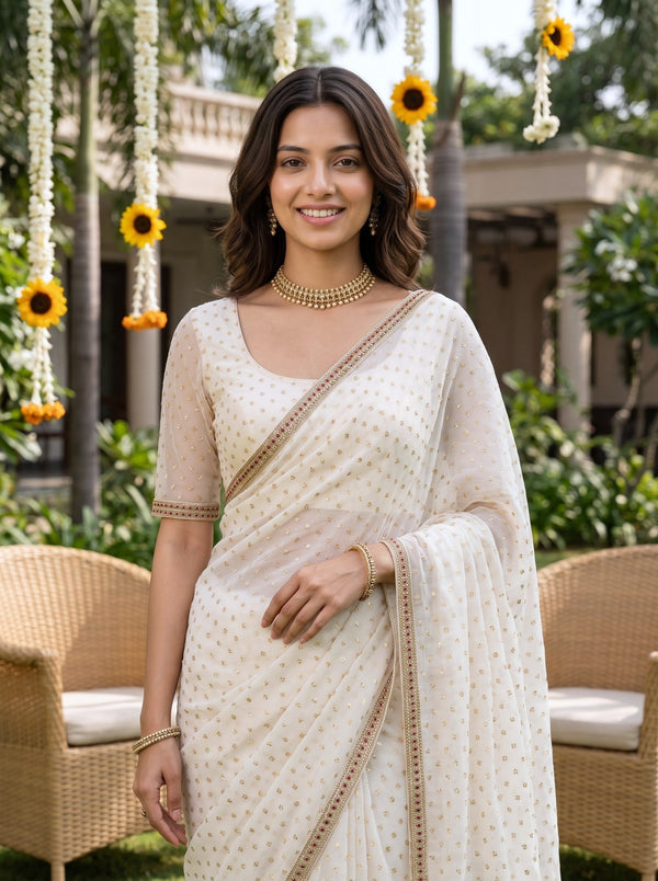 Chiffon White Golden Butta Embellished Saree