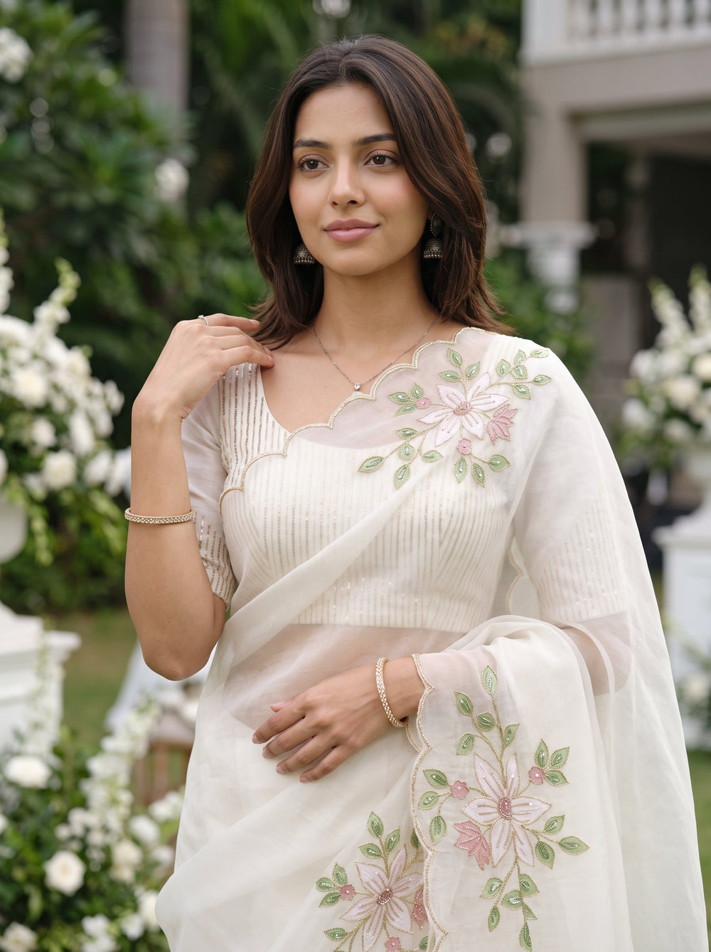 Organza Off-White Beaded Lily Floral Embroidered Saree