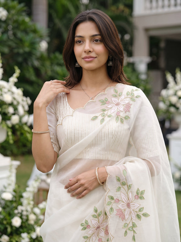 Organza Off-White Beaded Lily Floral Embroidered Saree