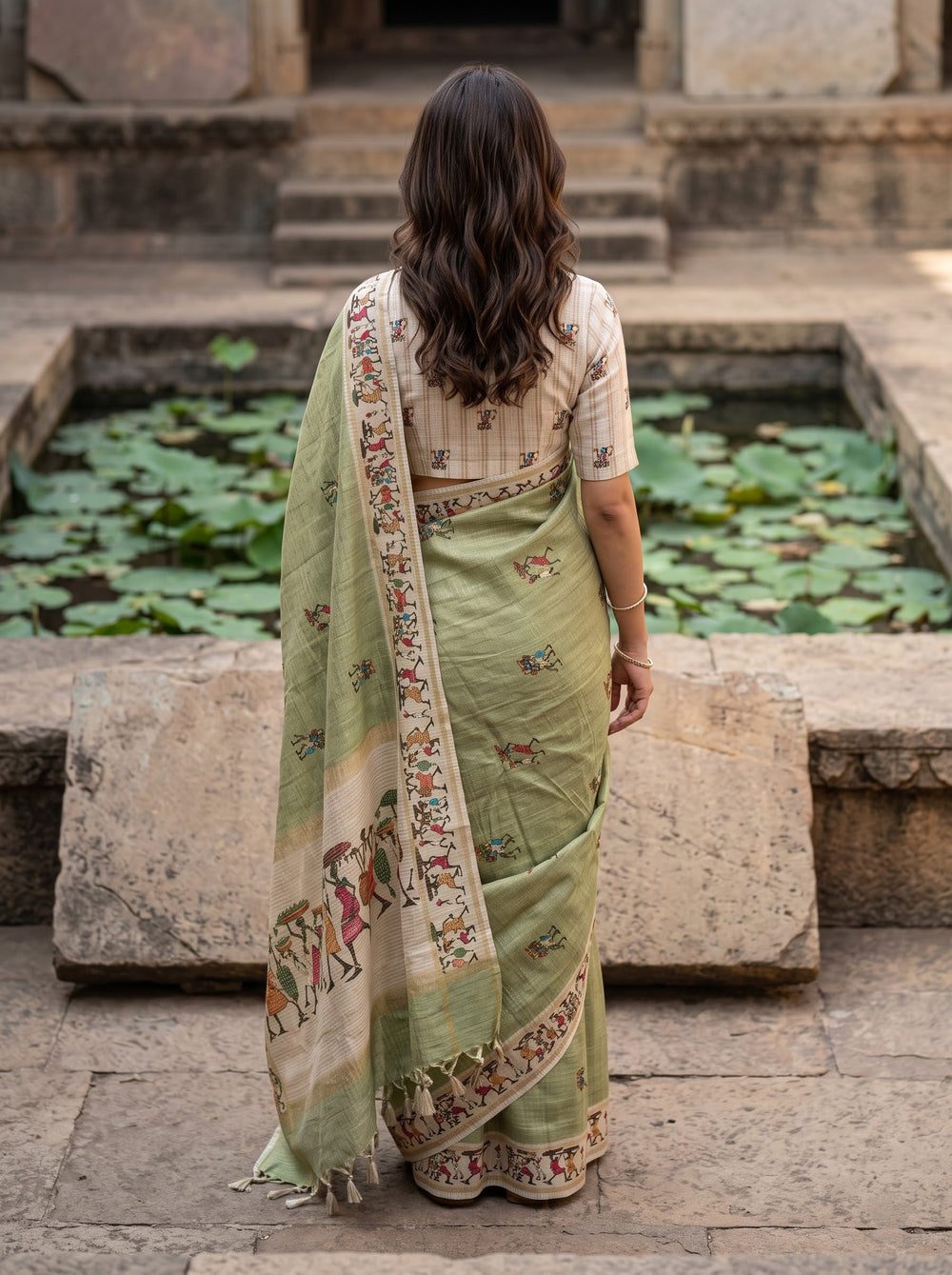 Semi Tussar Sage Green Warli Tribal Print Saree