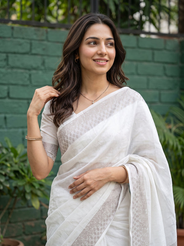 Cotton Off-White Self-Tone Textured Saree with Beige Floral Jacquard Border