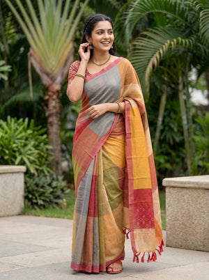 Cotton Orange Red Peach Multicolor Color Block Ikat Diamond Pallu Tassels Saree