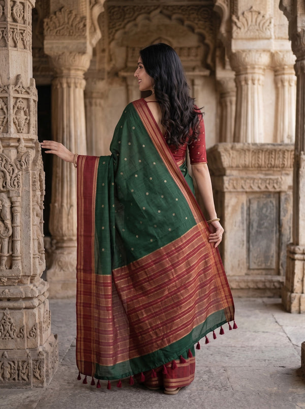 Semi Silk Bottle Green Red Zari Ganesha Motif Saree with Tassels