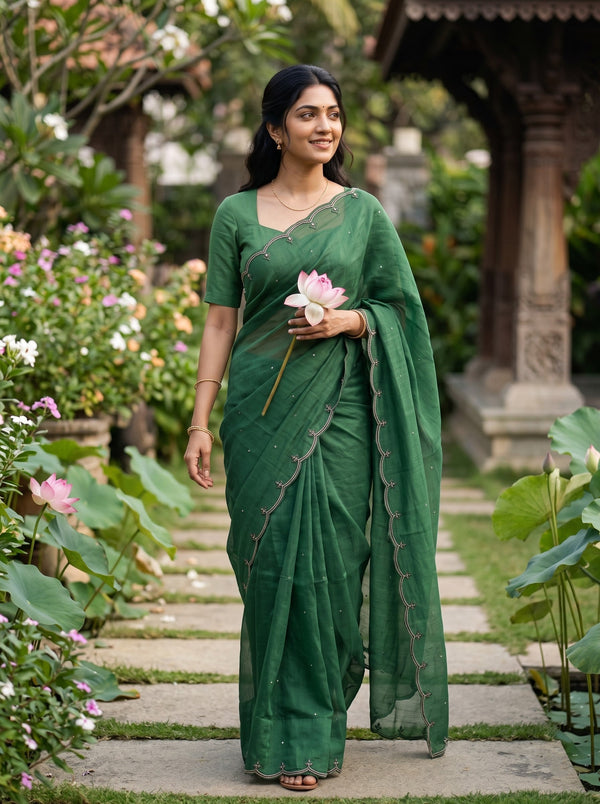 Tussar Green Saree with Scattered Dot Embellishments